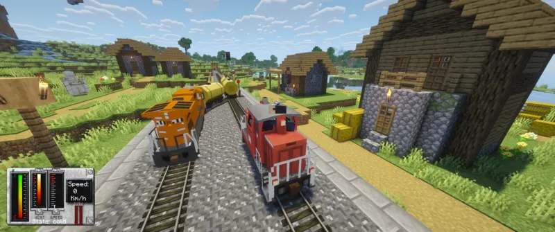 Traincraft in Minecraft 26.2: an orange diesel locomotive and a red shunter meeting at a passing loop, with the cab HUD showing speed, heat and fuel